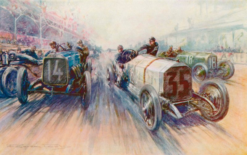 Lautenschlagers weißer Mercedes im Grand Prix 1908, ein Rennen, bei dem Reifen in großen Mengen verbraucht wurden von Frederick Gordon (after) Crosby