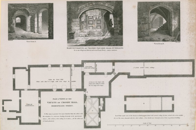 Grundriss und Ansichten der Gewölbe von Crosby Hall, Bishopsgate Street von Frederick Nash