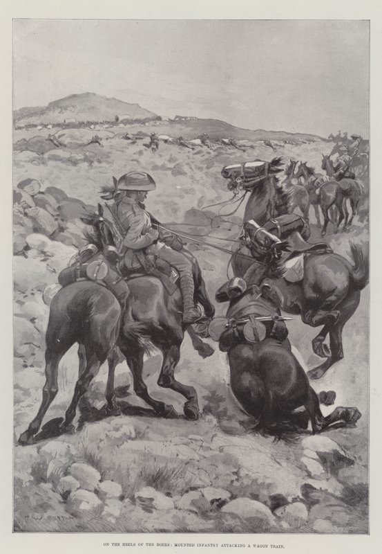 Auf den Fersen der Buren, berittene Infanterie greift einen Wagenzug an von Frederick William Burton