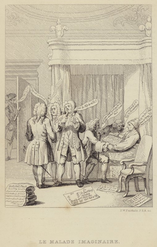 Le Malade Imaginaire: Satire, die den Autor und Botaniker John Hill im Bett zeigt, der von einer Reihe von Ärzten konsultiert wird, die alle entschlossen sind, ihre Gebühren zu sichern von Frederick William Fairholt