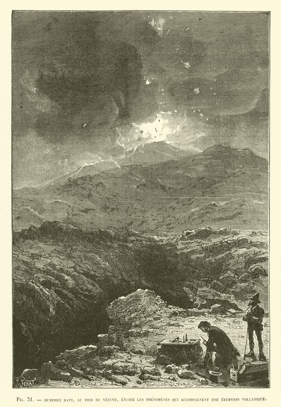 Humphry Davy am Fuße des Vesuvs, studiert die Phänomene, die einen Vulkanausbruch begleiten von French School
