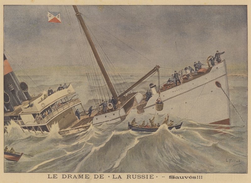 Rettung von Passagieren und Besatzung aus dem Wrack des Dampfers Russie von French School