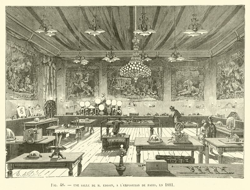 Ein Raum von M. Edison, auf der Pariser Ausstellung, 1881 von French School