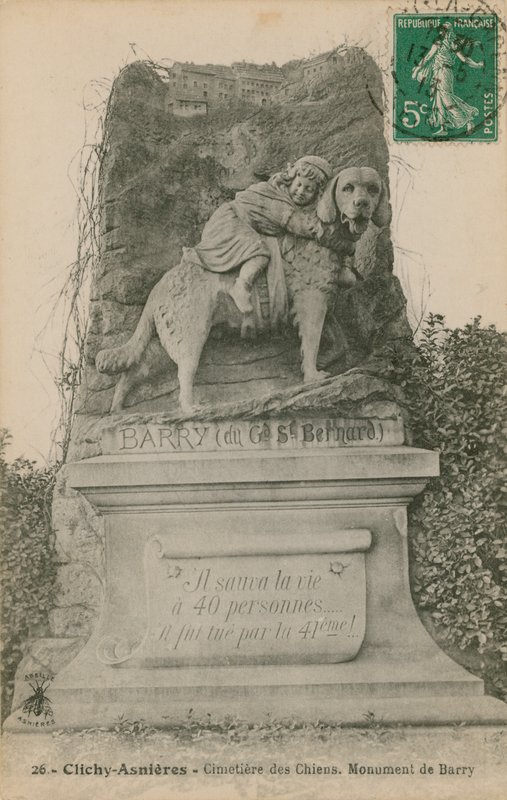 Clichy-Asnieres - Cimetiere des Chiens. Monument de Barry. Postkarte gesendet im Jahr 1913 von French Photographer