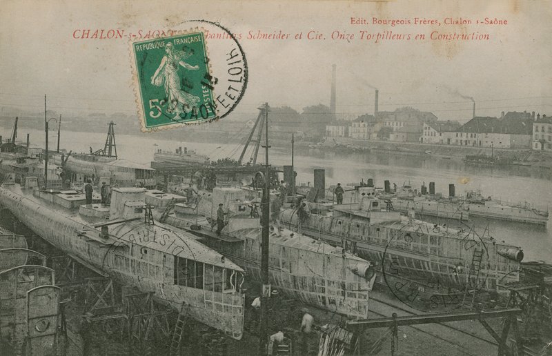 Elf Torpedoboote im Bau bei Schneider und Co in Chalon-sur-Saone in Ostfrankreich. Postkarte gesendet im Jahr 1913 von French Photographer