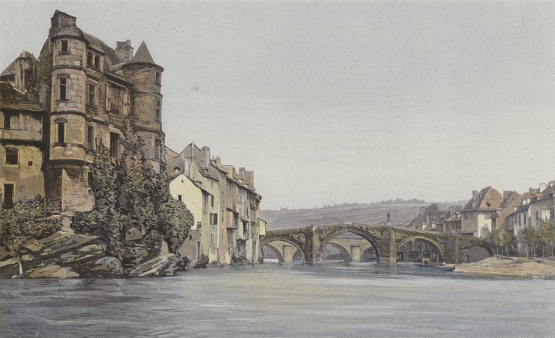 Espalion, Altes Justizpalais und alte Brücke über den Lot von French Photographer
