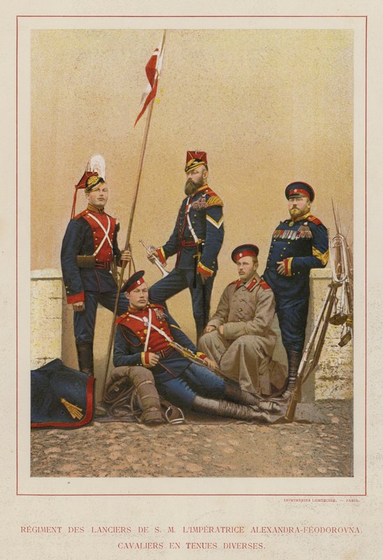 Die Russische Armee: Regiment der Lanzenreiter Ihrer Majestät der Kaiserin Alexandra-Feodorovna, Reiter in verschiedenen Uniformen (Foto) von French Photographer
