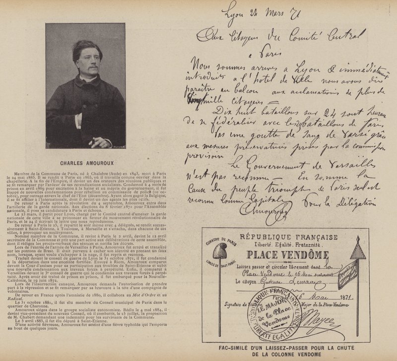 Die Kommune von Paris, Charles Amouroux, Faksimile eines Passierscheins für den Fall der Vendome-Säule von French Photographer