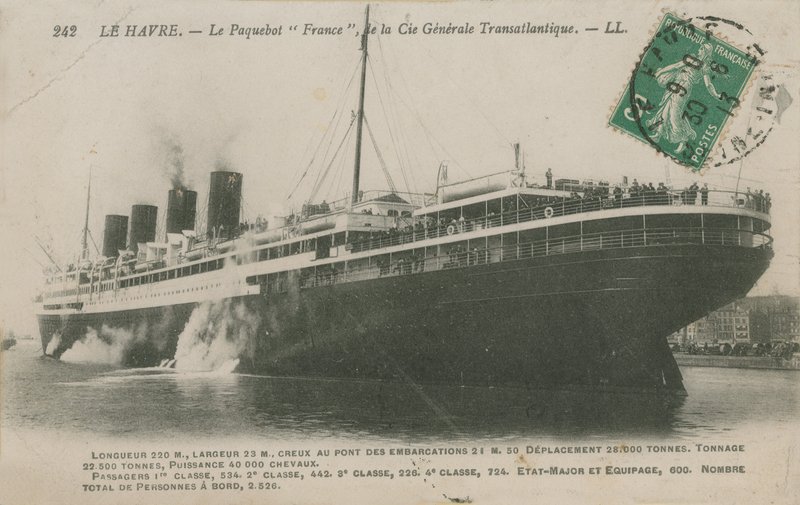 Ozeandampfer Frankreich, Le Havre. Postkarte von 1913. von French Photographer