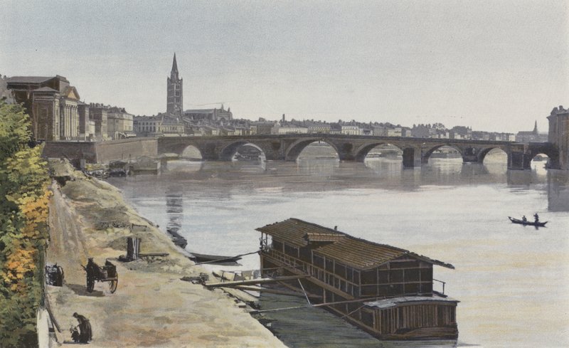 Toulouse, Pont-Neuf und Kirche Notre-Dame de la Dalbade, Blick flussabwärts vom rechten Ufer der Garonne von French Photographer