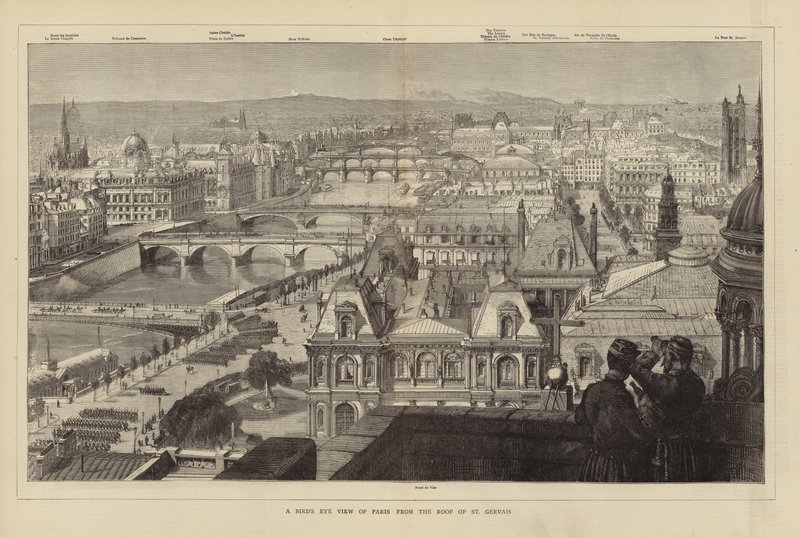 Ein Vogelschau von Paris vom Dach der St. Gervais von French School