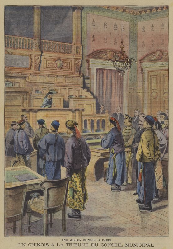Eine chinesische Mission in Paris: Einer der chinesischen Delegierten am Rednerpult des Stadtrats (Farblithografie) von French School