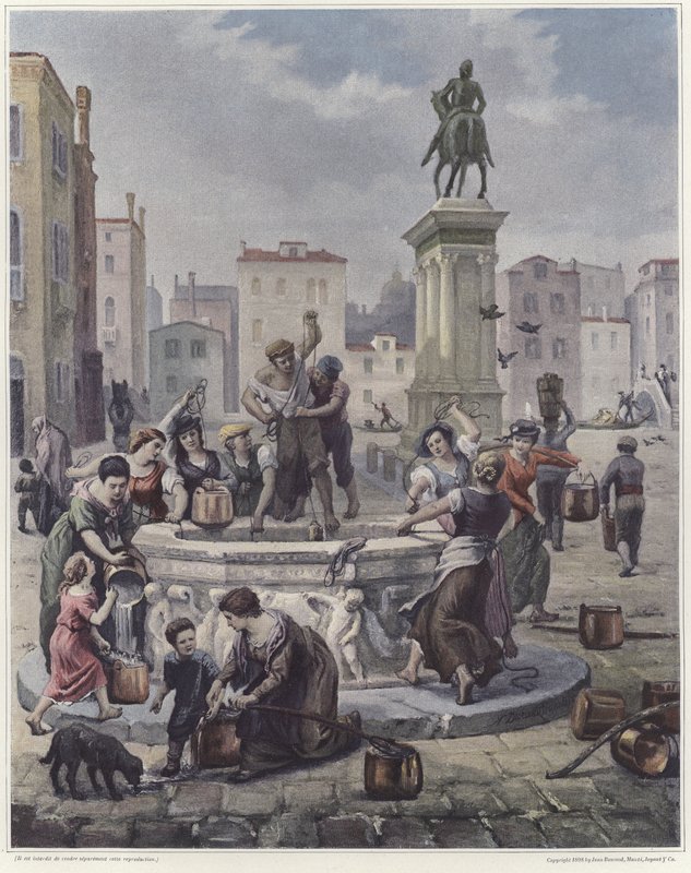 Eine Gruppe von Frauen sammelt Wasser aus einem Brunnen in Venedig von French School