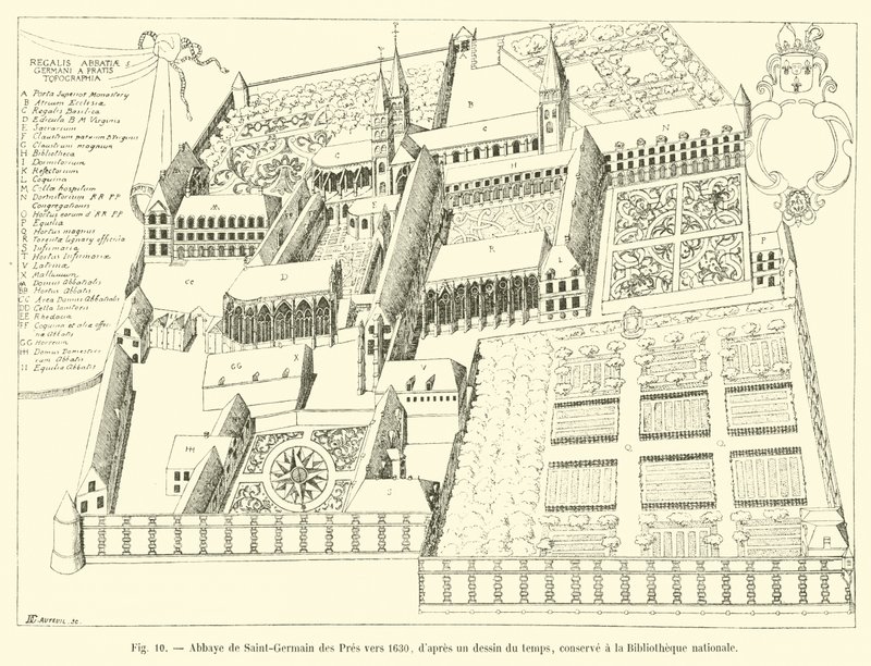 Abtei Saint-Germain des Prés um 1630, nach einer zeitgenössischen Zeichnung, aufbewahrt in der Nationalbibliothek von French School