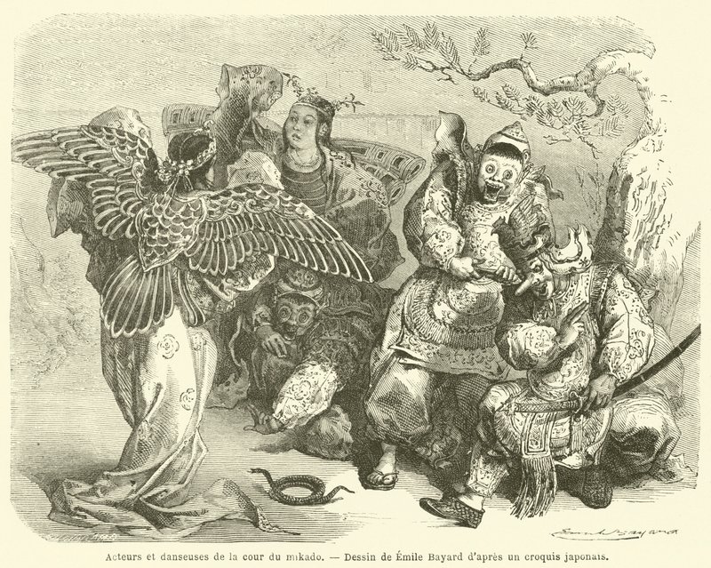Schauspieler und Tänzerinnen am Hof des Mikado (Stich) von French School