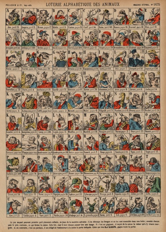 Alphabetische Lotterie von Tieren von French School