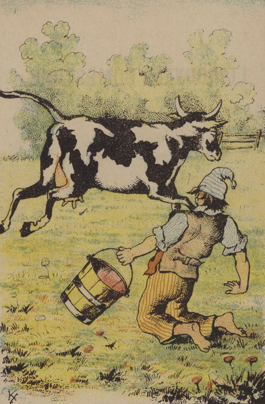 Ein erfolgloser Versuch, eine Kuh zu melken (Farblitho) von French School