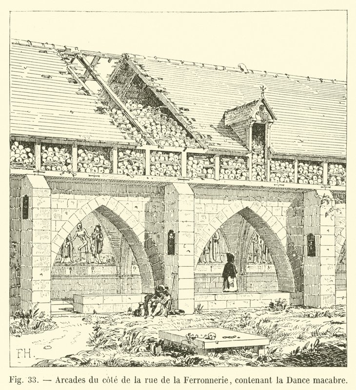 Arkaden auf der Seite der Rue de la Ferronnerie, mit der Totentanz von French School