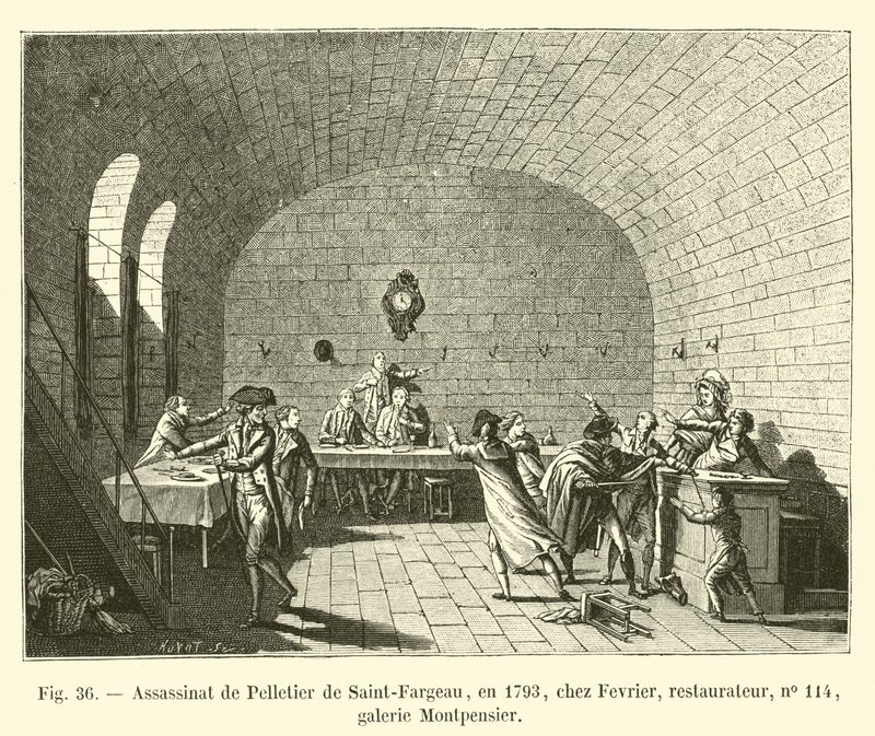 Ermordung von Pelletier de Saint-Fargeau, 1793, bei Fevrier, Restaurateur, Nr. 114, Galerie Montpensier von French School