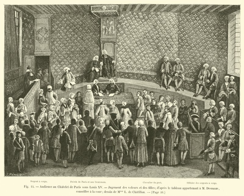 Gerichtsverhandlung im Châtelet von Paris unter Ludwig XV., Urteil über Diebe und Mädchen; nach dem Gemälde im Besitz von M. Desmaze, Rat am Gerichtshof; Zeichnung von Mme L. de Chatillon von French School