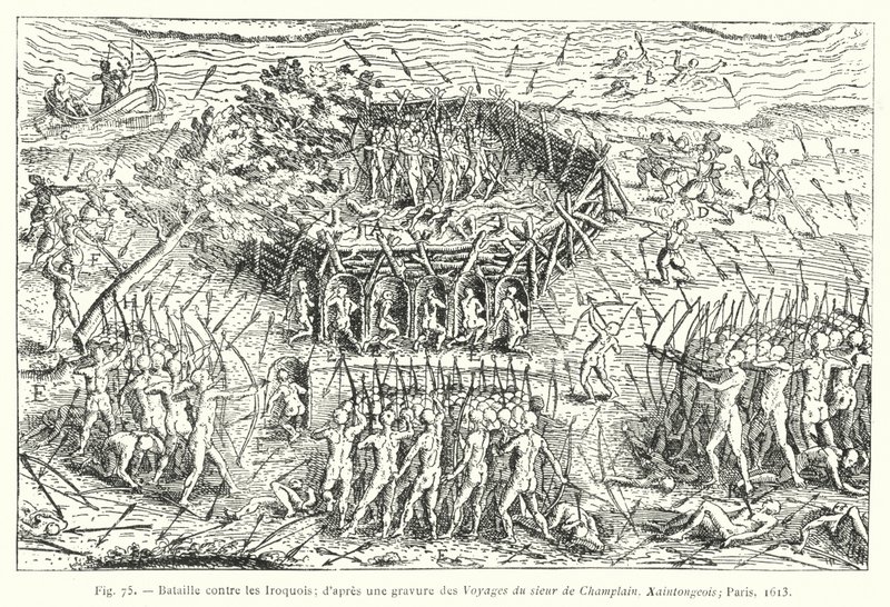 Schlacht gegen die Irokesen; nach einem Stich aus den Reisen des Herrn von Champlain, Xaintongeois, Paris von French School