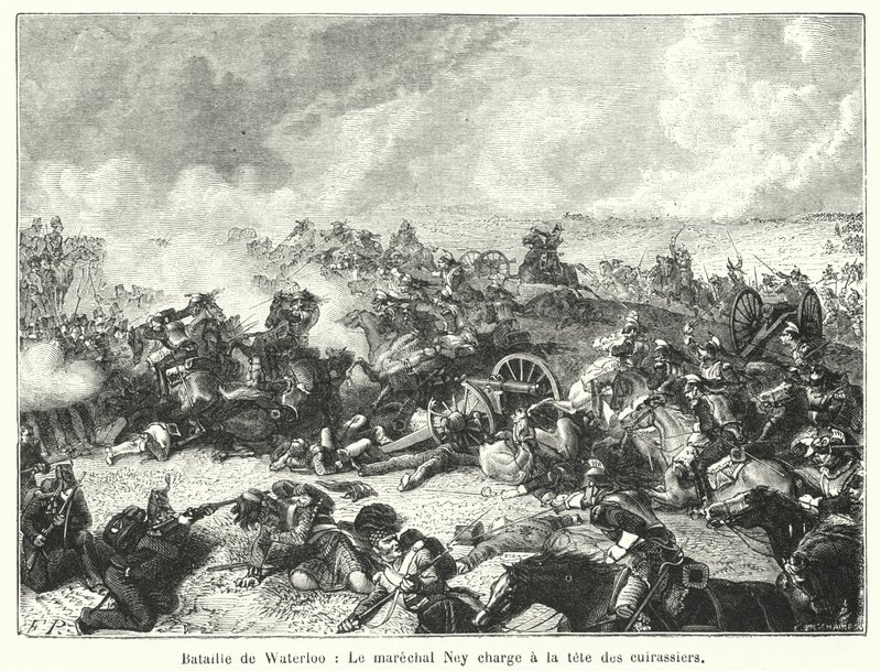 Schlacht von Waterloo, Marschall Ney führt die Kürassiere an (Gravur) von French School