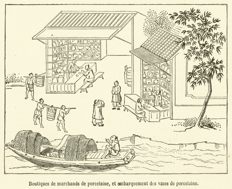 Porzellanläden und Verladung der Porzellanvasen von French School