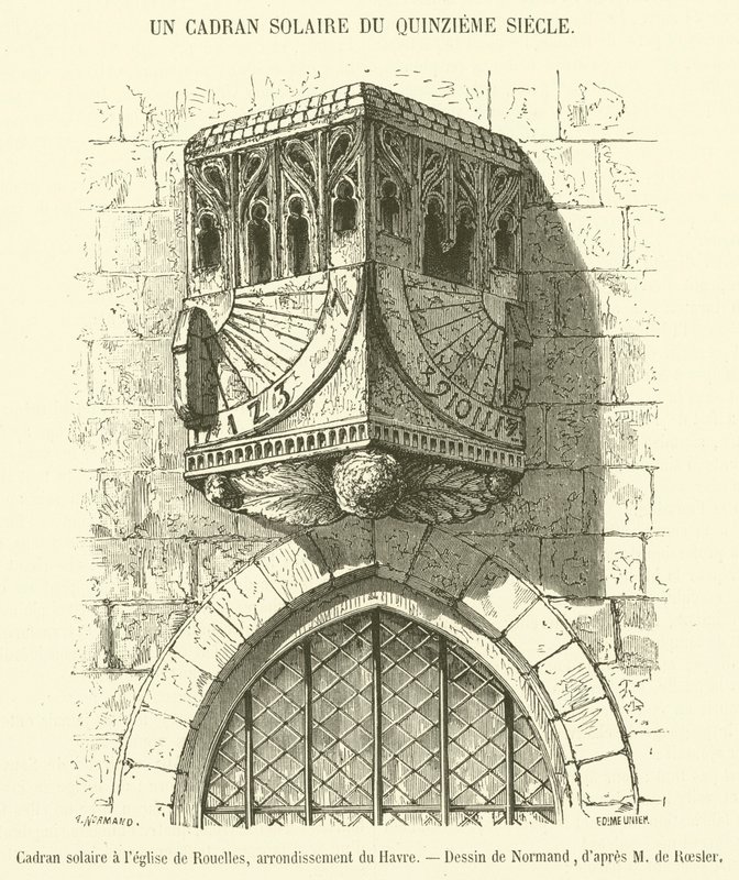 Sonnenuhr an der Kirche von Rouelles, Bezirk Le Havre (Stich) von French School