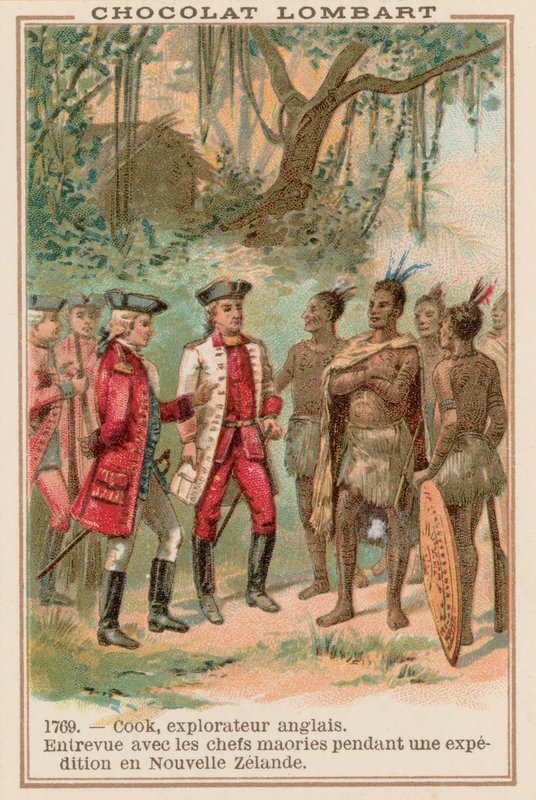 Kapitän James Cook trifft Maori-Häuptlinge in Neuseeland, 1769 von French School