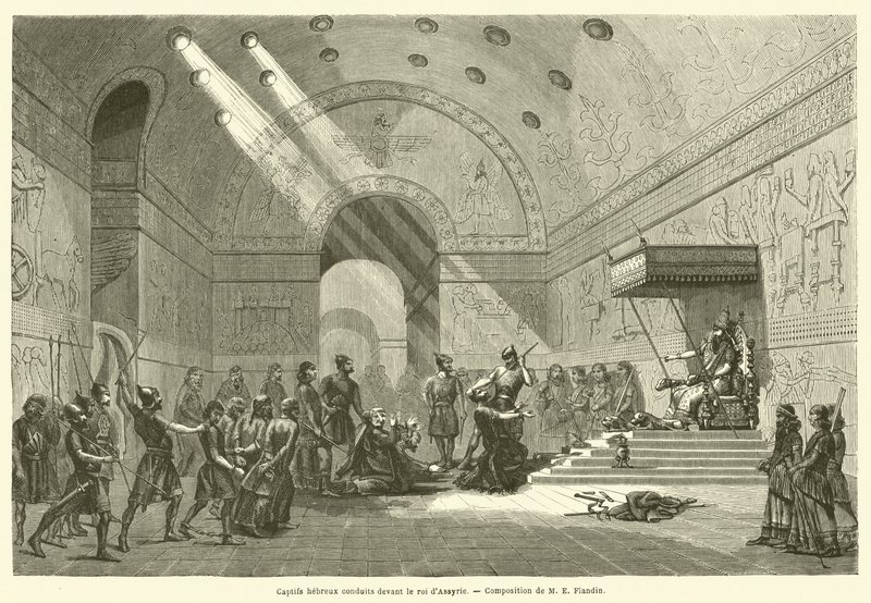 Hebräische Gefangene vor dem König von Assyrien (Gravur) von French School