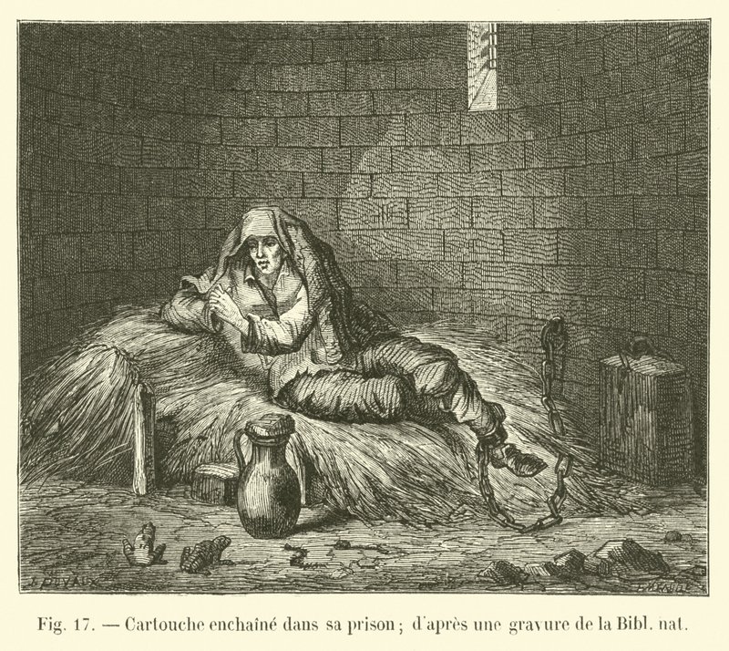 Kartusche in seiner Gefängniszelle; nach einem Stich aus der Nationalbibliothek von French School