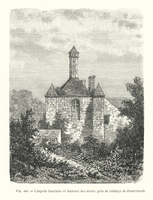 Begräbniskapelle und Totenlaterne, nahe der Abtei von Fontevrault von French School