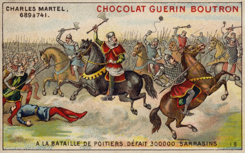 Karl Martell besiegt eine Armee von 300.000 Sarazenen in der Schlacht von Poitiers, 732 von French School