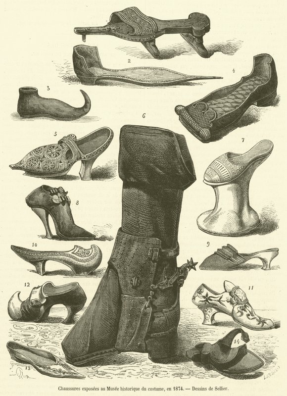 Schuhe ausgestellt im Historischen Kostümmuseum, 1874 von French School