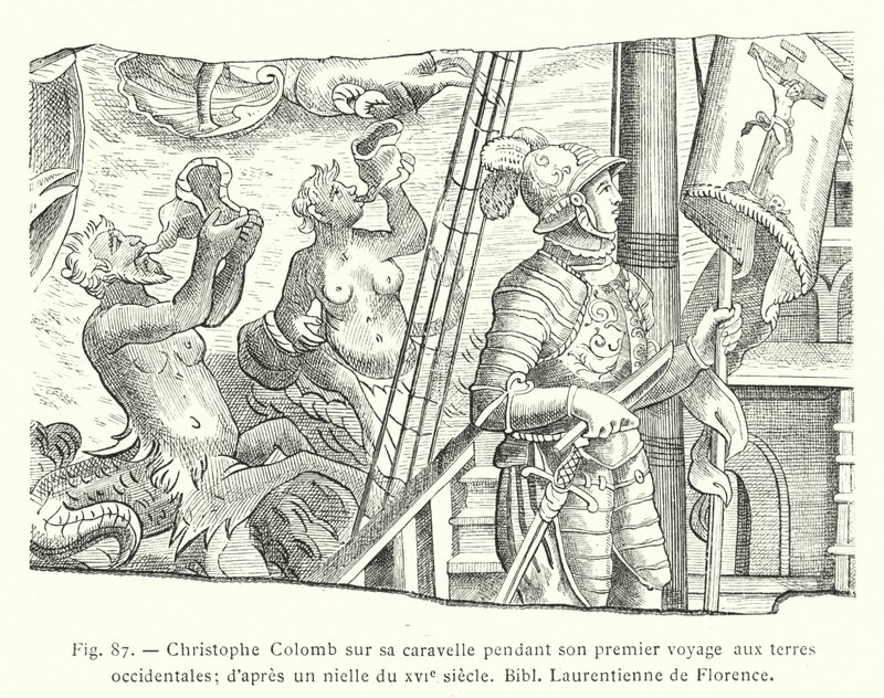 Christoph Kolumbus auf seiner Karavelle während seiner ersten Reise zu den westlichen Ländern; nach einem Nielle aus dem XVI. Jahrhundert, Bibl Laurentienne von Florenz (Stich) von French School