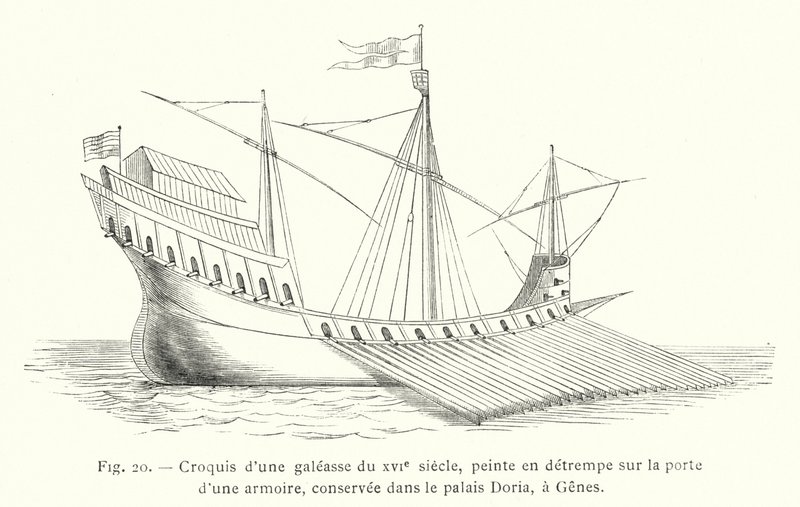 Skizze einer Galeasse aus dem 16. Jahrhundert, in Tempera auf die Tür eines Schranks gemalt, im Doria-Palast in Genua von French School