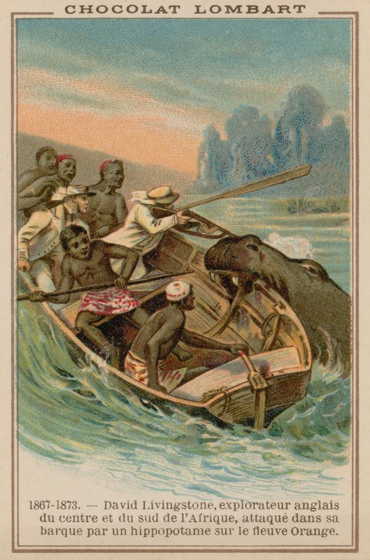 David Livingstones Boot wird von einem Nilpferd am Oranje-Fluss, Afrika, 1867-1873 angegriffen von French School
