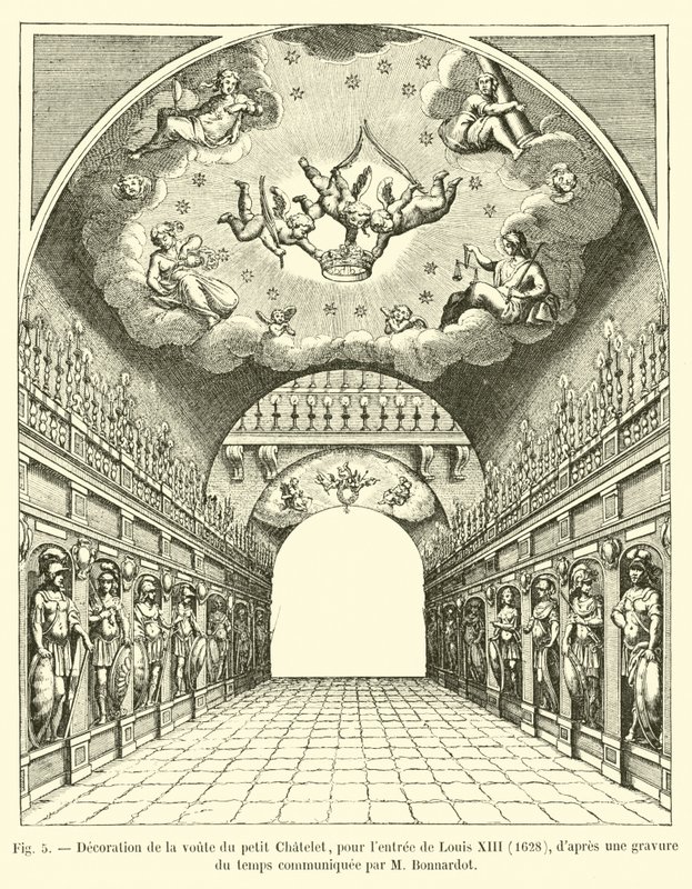 Dekoration des Gewölbes des kleinen Chatelet, für den Einzug von Ludwig XIII., 1628, nach einem zeitgenössischen Stich, mitgeteilt von M. Bonnardot von French School