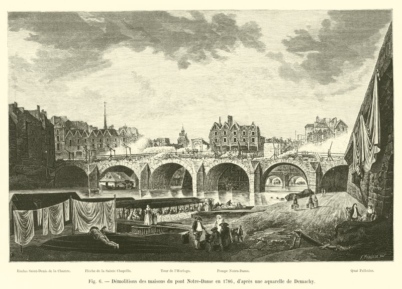 Abriss der Häuser auf der Pont Notre-Dame im Jahr 1786, nach einem Aquarell von Demachy von French School