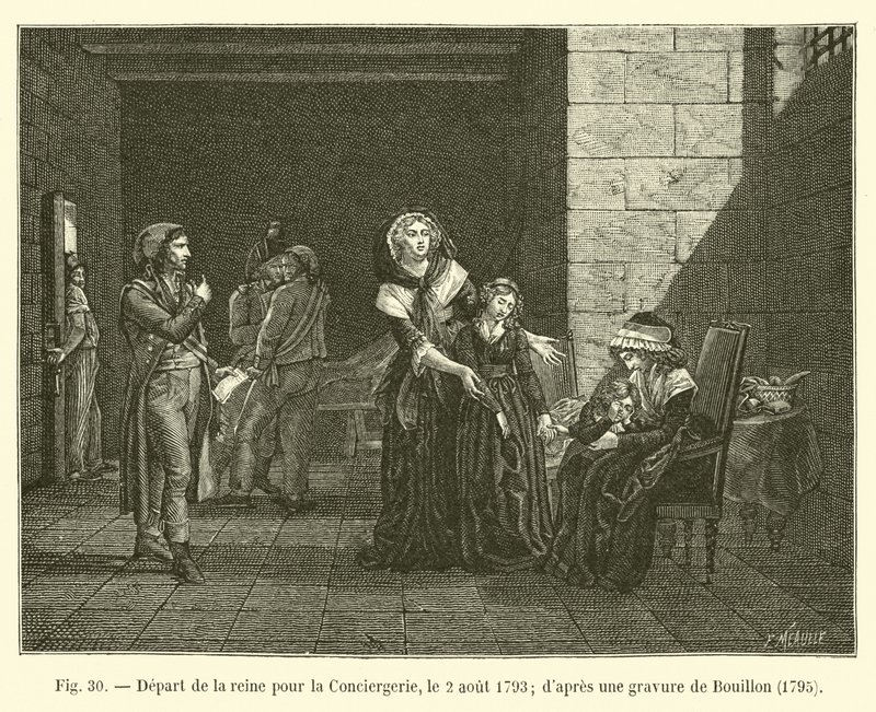 Abreise der Königin zur Conciergerie, 2. August 1793 (nach einer Gravur von Bouillon, 1795) von French School