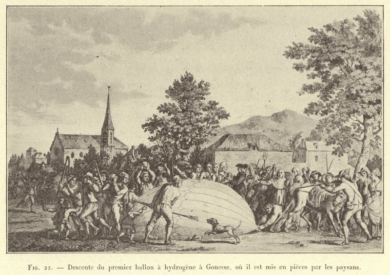Landung des ersten Wasserstoffballons in Gonesse, wo er von Bauern zerstört wird (Gravur) von French School
