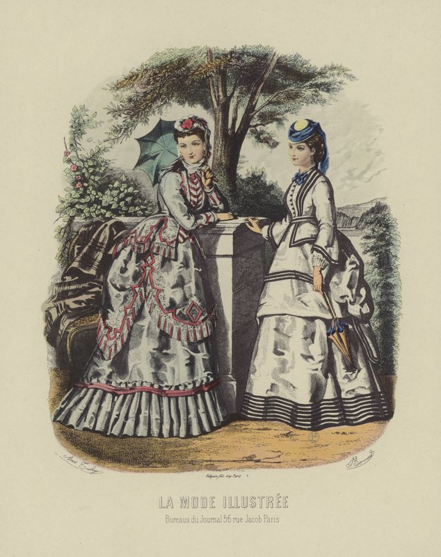 Elegante Frauen in historischer Kleidung im Garten von French School