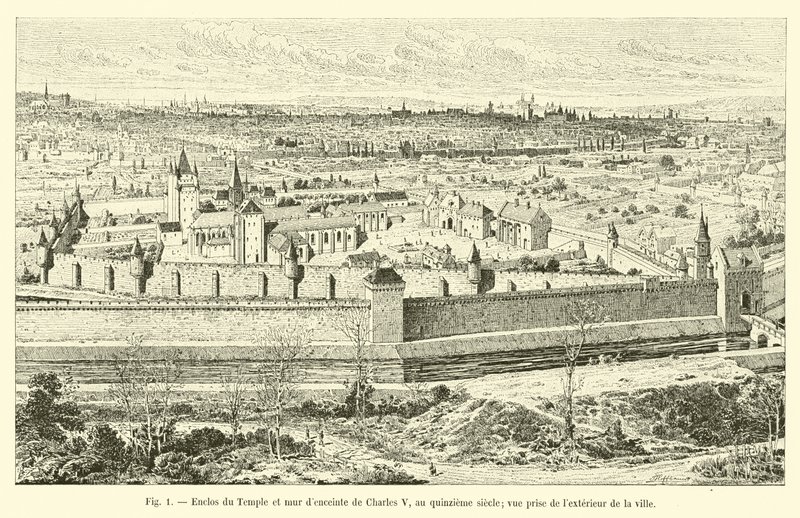 Enclos du Temple und Stadtmauer von Karl V., im fünfzehnten Jahrhundert, Ansicht von außerhalb der Stadt von French School