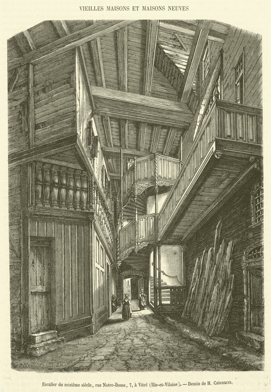Treppe aus dem sechzehnten Jahrhundert, Rue Notre-Dame, 7, in Vitre, Ille-et-Vilaine (Gravur) von French School