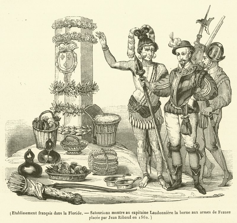 Französische Niederlassung in Florida, Satouriona zeigt Kapitän Laudonniere die von Jean Ribaud 1562 gesetzte Grenzmarke mit den Waffen Frankreichs von French School