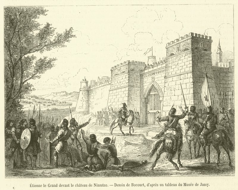 Stephan der Große vor dem Schloss von Niamtzo (Gravur) von French School