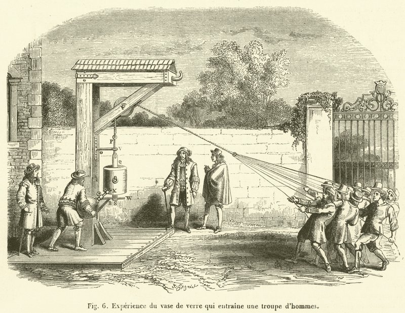 Experiment mit dem Glasgefäß, das eine Gruppe von Männern zieht von French School