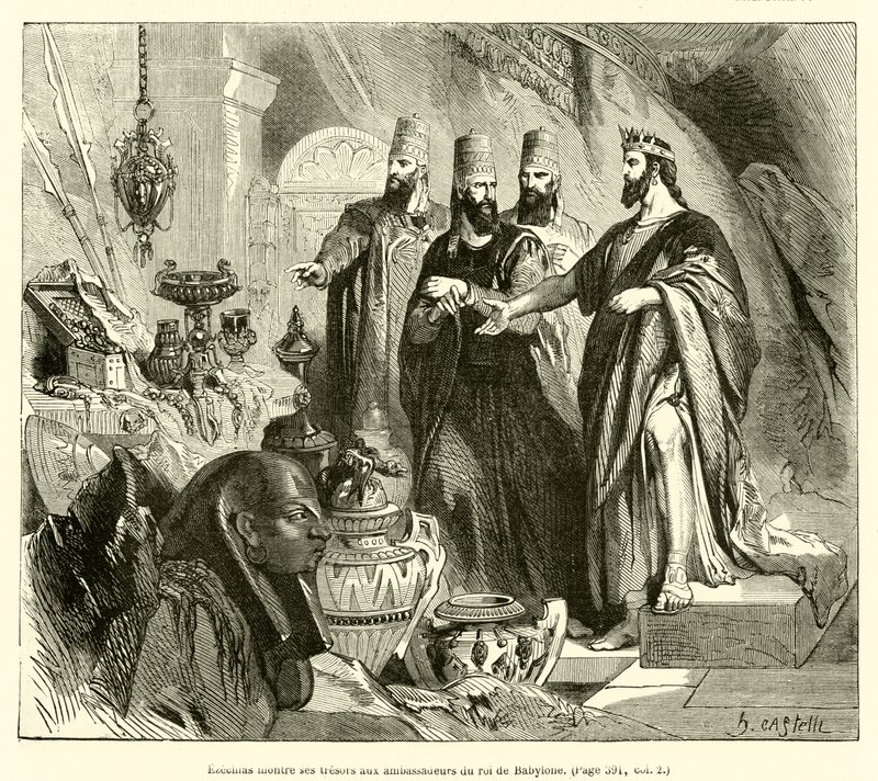 Hiskia zeigt den Gesandten des Königs von Babylon seine Schätze von French School