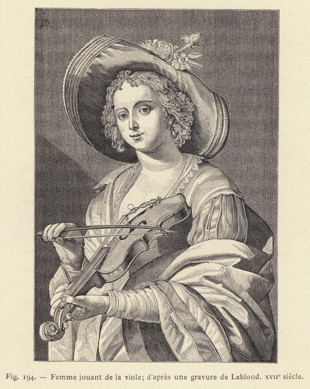 Frau spielt Viola, nach einem Stich von Leblond, 17. Jahrhundert (Stich) von French School
