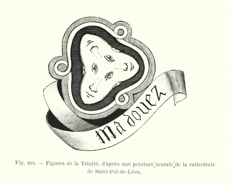 Figuren der Dreifaltigkeit, nach einem Wandgemälde der Kathedrale von Saint-Pol-de-Leon (Gravur) von French School